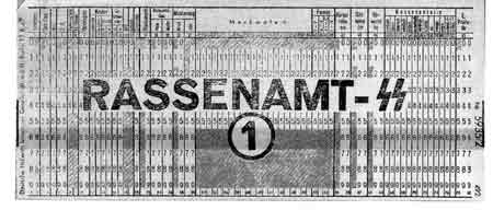 The black-and-white image shows a punch card, an old-fashioned, gridlike paper record about the size of a dollar bill. It has a German word, Rassenamt, printed in the midle, along with the SS bolts and the number one.